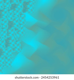 Abstract background with a gradient transition from dark turquoise to light blue. The left side features a pattern of small, overlapping squares in shades of turquoise, creating a textured effect.