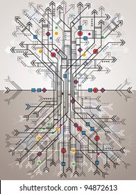 Abstract background with graphic stylized tree – technology theme vector illustration.