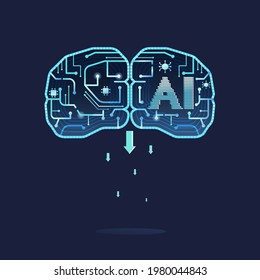Resumen gráfico de fondo de tecnología, tablero de circuitos y cerebro de inteligencia.