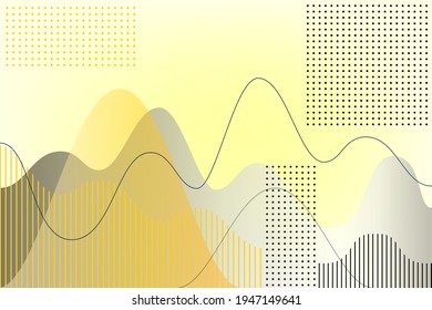 Abstrakter Hintergrund aus Graphen, Diagrammen, Parabolen, geometrischen Formen, gelbes Schwarz auf grauem Hintergrund, Vektorgrafik. Illustration im Memphis-Stil. Modernes Konzept für Präsentation, Schnittstelle