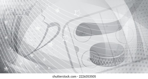 Abstract background in gray colors with different hockey symbols such as puck, stick, ice rink, cup