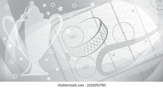Abstract background in gray colors with different hockey symbols such as puck, stick, ice rink, cup