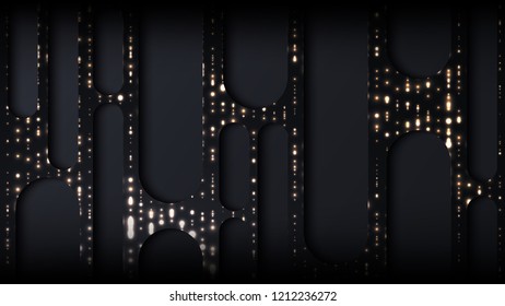 Abstract background with gray corrugated paper and sparks. Vector geometric illustration of a carbon cutout shape. Graphic techno design element. Imprint on paper