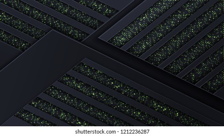 Abstract background with gray corrugated paper layers and luminous stripes. Vector geometric illustration of carbon sliced shapes. Element of graphic techno design. Steampunk cover.