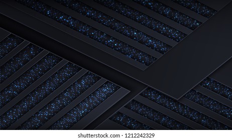 Abstract background with gray corrugated paper layers and luminous stripes. Vector geometric illustration of carbon sliced shapes. Element of graphic techno design. Steampunk cover.