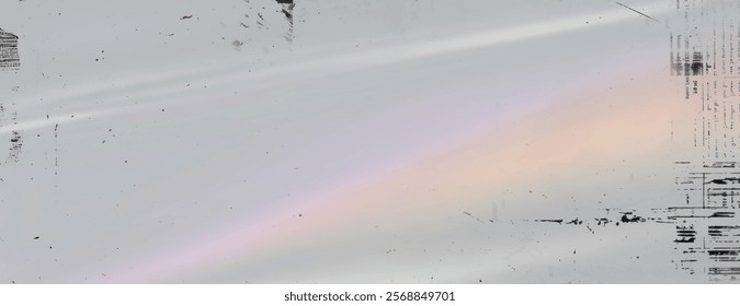 Abstract background with a gray background featuring a subtle rainbow gradient and textured with black distressed marks. Light leak background vector. Gray background.