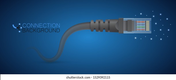 Abstract background. Gray LAN wire, detailing. The translucent end of the cable. Blue tones. Flicker and electrical flashes of the transmitted signal. The inscription and the icon of connection.