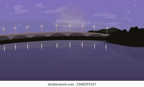 Abstract Background Gray Purple Color Water Landscape Clouds Stars Nature Bridge Vector Design