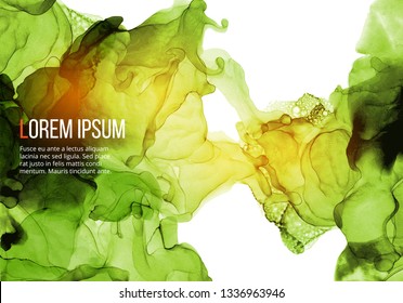 Abstract background with green alcohole ink pattern on white.