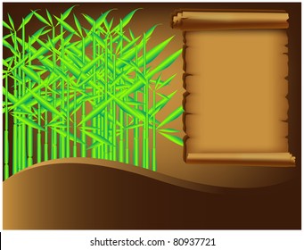 Abstract background with a green bamboo grove and a sheet of parchment