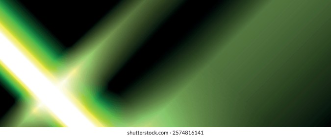 Abstract background with a green and black gradient. The background features smooth, glowing green light beams crossing diagonally. Light leak background vector. Green background.