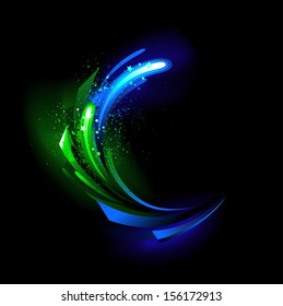 Abstract background with green and blue glowing crystal on black background.