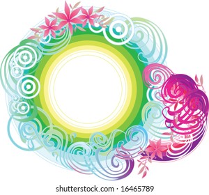 abstract background of green blue pink purple waves circles swirls floral leaves vector illustration