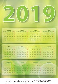 Abstract background green blurry lights, green bokeh abstract light 2019 year calendar