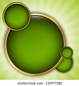 Abstract background with green bubbles in gold frame, place for text