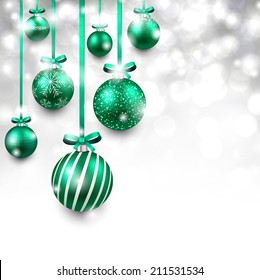 Fondo abstracto con bolas de navidad verdes. Ilustración vectorial. 