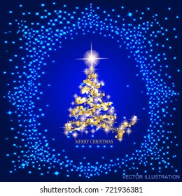 Abstract background with green christmas tree and stars. Illustration in blue and gold colors. Vector illustration.