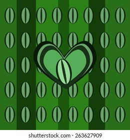 Abstract background with green coffee beans and heart pattern