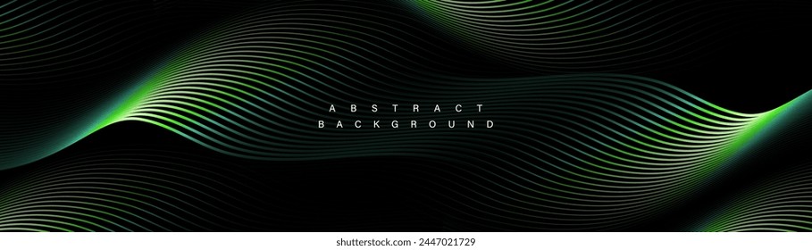 Abstract background with green color glowing geometric wavy lines. Modern minimal trendy shiny lines pattern. Vector illustration