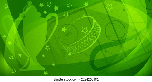 Abstract background in green colors with different hockey symbols such as puck, stick, ice rink, cup