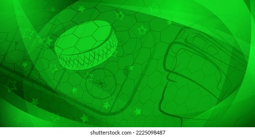 Abstract background in green colors with different hockey symbols such as puck, stick, helmet, ice rink