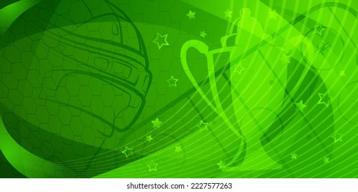 Fondo abstracto en colores verdes con diferentes símbolos de hockey como puck, casco, pista de hielo, taza