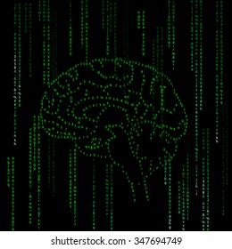 Abstract  background, green computer code, illustration of brain