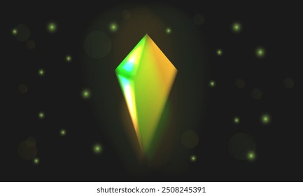 Abstract background green crystal with light reflections on a dark background