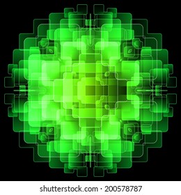 Abstract background with green digital screens overlapping. Illustration on black background