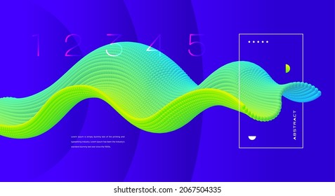 Abstract background with green emitted particle line wave. Conceptual element design template. Modern vector illustration.