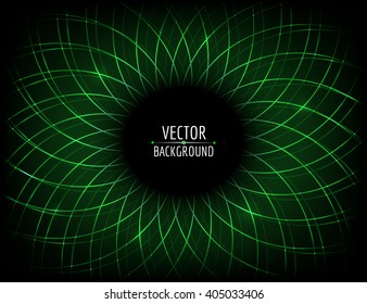 Abstract background. Green glossy flower on dark. Vector graphic design.