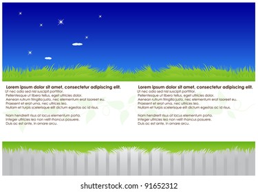 Abstract background of green grass and sky, clouds with a place for inscriptions
