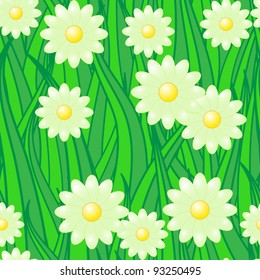 Abstract background of green grass and white camomiles. Seamless pattern. Vector illustration.