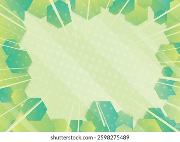 abstract background with green hexagons and halftone dots.