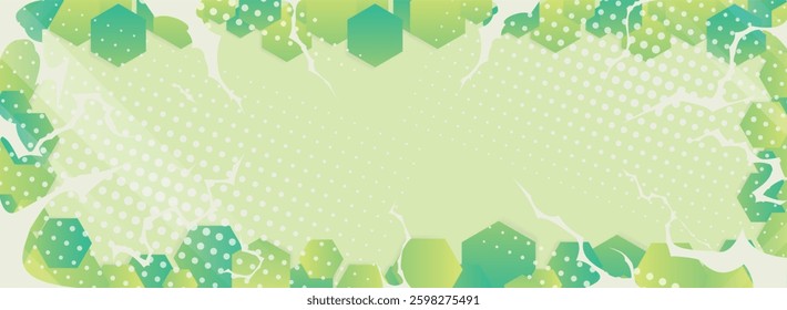 abstract background with green hexagons and halftone dots.