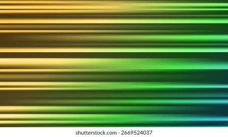 Abstract background with green horizontal rays. Laser beam and light flare effects on dark backdrop. Fast motion glow with neon style lines. Vector illustration