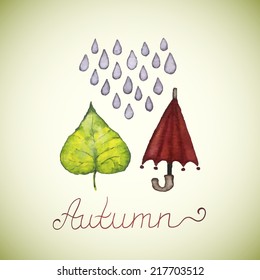 Abstract background with green leaf, rain drops and red umbrella. Watercolor paint. Autumn theme. Can be used for card, invitation or some text.
