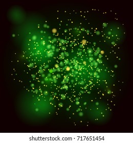 Abstract background with green magic lights. Gold glittering star dust with bokeh effect. Vector illustration
