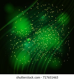 Abstract background with green magic lights. Gold glittering star dust with bokeh effect. Vector illustration