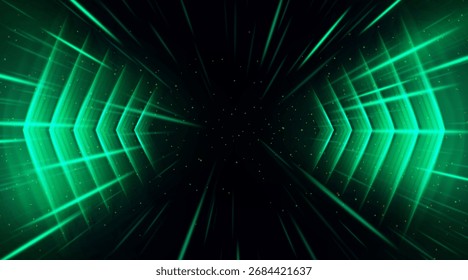 Fondo Abstractas con flechas de neón verde que apuntan en diferentes direcciones, líneas de movimiento, partículas brillantes, fondo negro. Concepto de tecnología cibernética, progreso, dirección, Vector de energía.