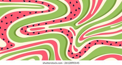 Abstract Background with Green, Pink, and Black Flowing Shapes. Watermelon abstract design with fun and summer vibes. Juicy color palette with bold line swirls. Perfect for web, print, cards, banner