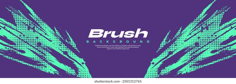 Fondo Abstractas con textura de pincel verde y púrpura y efecto semitono. Fondo deportivo grunge, para Anuncio de eventos o diseño de pósters