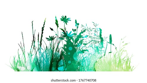 Abstract background with green silhouettes of meadow wild herbs and flowers. Wildflowers. Floral background. Wild grass. Vector illustration.