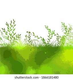 Abstract background with green silhouettes of meadow wild herbs and flowers. Wildflowers. Floral background. Wild grass. Vector illustration.