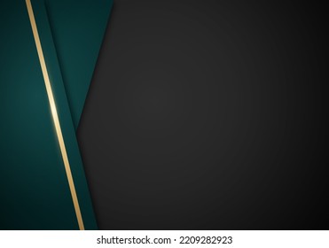 Abstract Background Green Stripes Overlapping Layer Shiny Golden Lines on Black Background with Copy Space for Text or Message