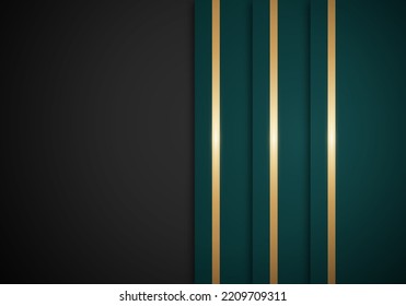 Abstract Background Green Stripes Overlapping Layer Shiny Golden Lines on Black Background with Copy Space for Text or Message