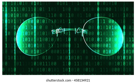 Abstract background with the green symbols and glasses. Matrix on glasses. Vector Art. 16:9