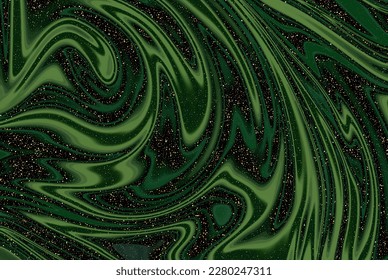 Abstract background of green tones liquid acrylic flow with golden dust, marbling, brochure template, design element