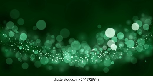 Abstract background in green tones with many shiny sparkles, some of which are in focus and others are blurred, creating a captivating bokeh effect.