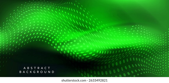 An abstract background in green tones with small lines and dots moving in waves, creating a beautiful, warm and energetic feeling.